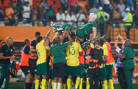 South Africa Hugo Broos Coach celebrate victory during the TotalEnergies Caf Africa Cup of Nations