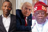 A photo collage of Omoyele Sowore, US President Donald Trump and President Bola Tinubu