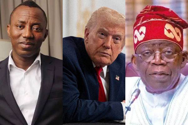 A photo collage of Omoyele Sowore, US President Donald Trump and President Bola Tinubu