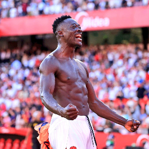 Akor Adams scored the fourth goal in Sevilla's 4-1 thrashing of Barcelona in La Liga