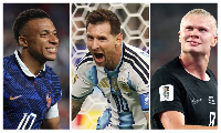 L-R: Kylian Mbappe, Lionel Messi, Erling Haaland