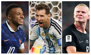 L-R: Kylian Mbappe, Lionel Messi, Erling Haaland