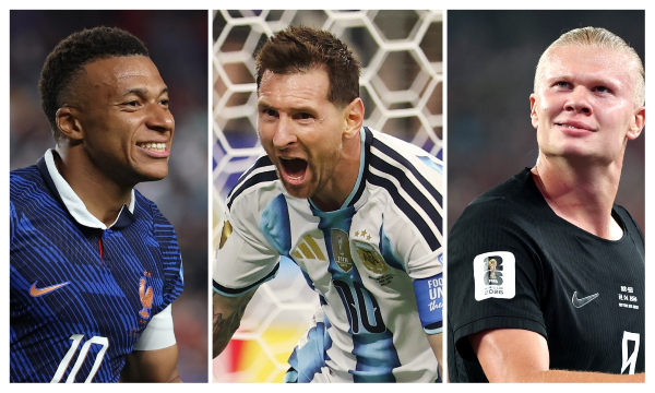 L-R: Kylian Mbappe, Lionel Messi, Erling Haaland