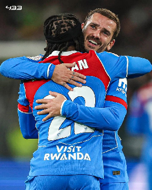 Ademola Lookman and Antoine Griezmann hugs    Photo credit: 433 on X