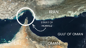 A satellite image shows the Strait of Hormuz
