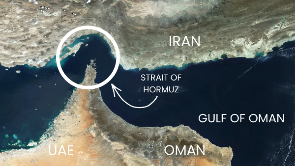 A satellite image shows the Strait of Hormuz