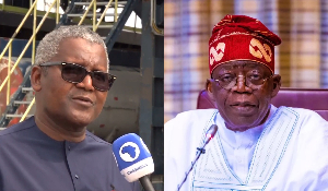 A photo collage of Aliko Dangote and President Bola Tinubu