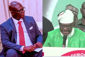 A photo collage of Dr Reuben Abati and FCT Minister Nyesom Wike