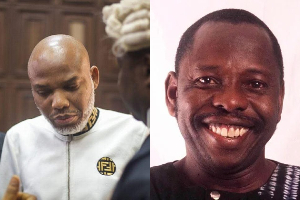 A photo collage of Nnamdi Kanu and the late, Ken Saro Wiwa