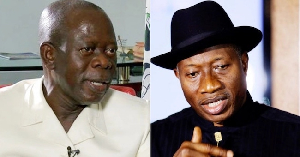 A photo collage of Senator Adams Oshiomhole and former President Goodluck Jonathan