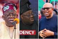 A collage of Tinubu, Dele Momodu and Peter Obi