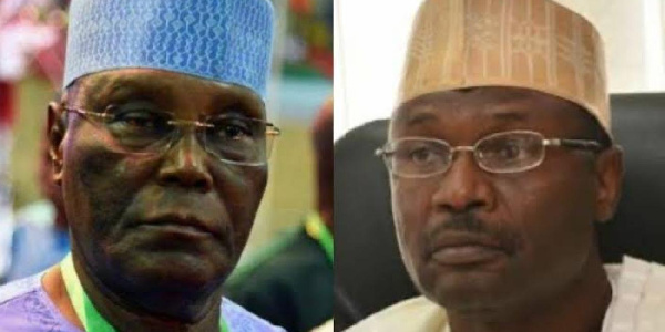 A collage of Atiku Abubakar and INEC Chair Mahmood Yakubu