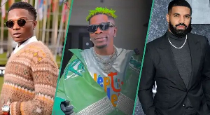 A photo collage of singers Wizkid, Shatta Wale and Drake