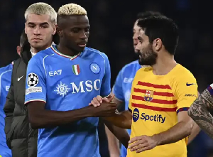 Victor Osimhen and Ilkay Gundogan during Barcelona's clash with Napoli in the UCL round of 16
