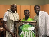 Super Eagles captains Wilfred Ndidi and Victor Osimhen honours Moses Simon on his 100th appearance