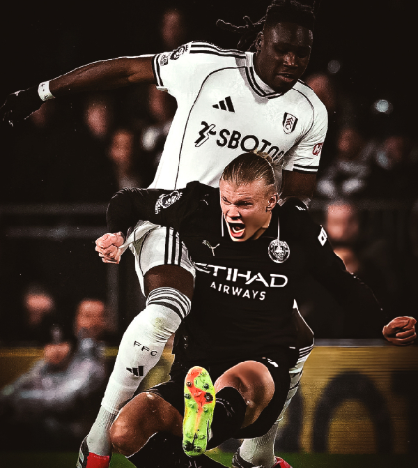 Calvin Bassey vs Erling Haaland during Fulham's 5-4 loss to Man City in the EPL