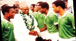 Captain Ali Jeje introducing 1983 U20 players to then President Alhaji Shehu Shagari