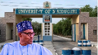 A collage picture of late ex-president Muhammadu Buhari and the University of Maiduguri campus gate.