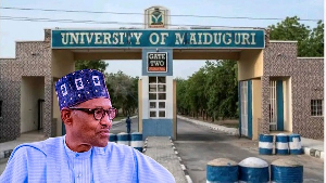 A collage picture of late ex-president Muhammadu Buhari and the University of Maiduguri campus gate.
