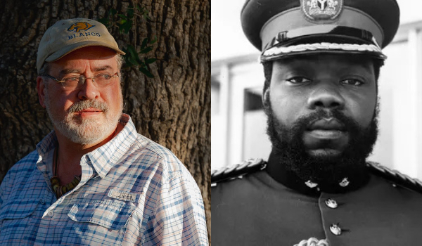 A photo collage of Mike Arnold and Lieut. Col. Odumegwu Ojukwu