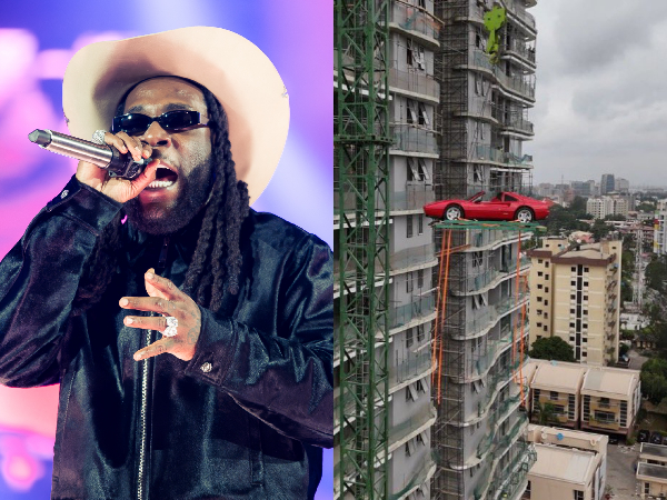 Burna Boy had his Ferrari lifted by crane