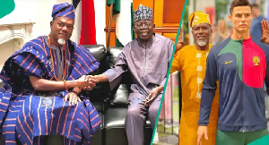 L-R: Reno Omokri receives warm handshake from President Tinubu, poses with CR7's replica