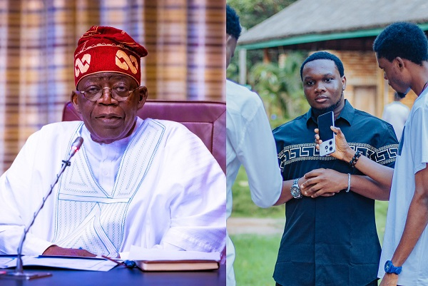 A picture collage of President Bola Ahmed Tinubu and some students