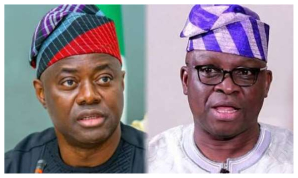 A photo collage of Governor Seyi Makinde and Ayo Fayose