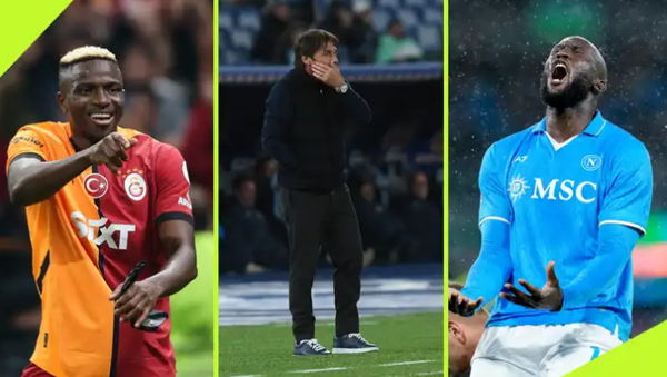 L-R: Victor Osimhen, Antonio Conte, Romelu Lukaku