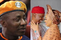A photo collage of Omoyele Sowore and Regina Daniels with Ned Nwoko