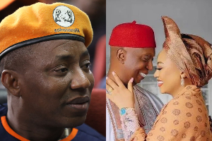 A photo collage of Omoyele Sowore and Regina Daniels with Ned Nwoko