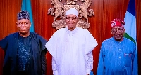 Former President Muhammadu Buhari, President Bola Tinubu and Vice President Kashim Shettima