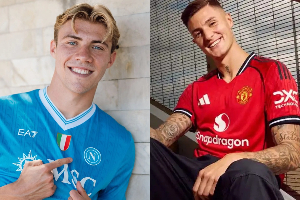 A photo collage of  Rasmus Hojlund and Benjamin Sesko