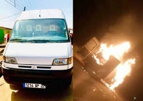 A collage of the burning bus