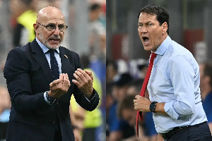 A photo collage of Luis de la Fuente and Coach Rudi Garcia