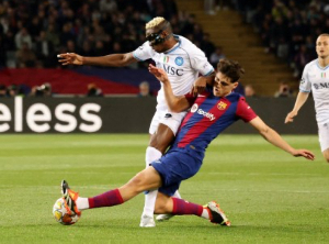 Victor Osimhen up against Pau Cubarsí during Barcelona vs Napoli in 2024