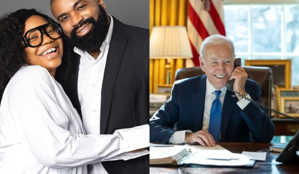 A photo collage of Mercy Chinwo with her husban and Joe Biden