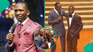 Paul Eneche and the young man who was awarded scholarship