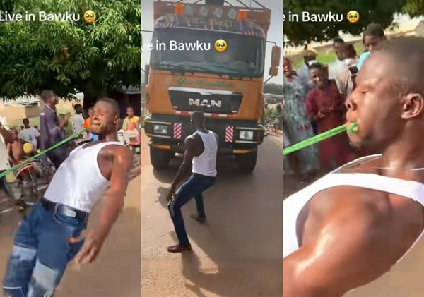 Man pulls truck with his teeth