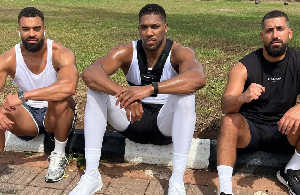 Anthony Joshua with his close friends and team members, Sina Ghami and Latif ‘Latz’ Ayodele