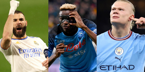 A photo collage of Benzema, Osimhen and Haaland