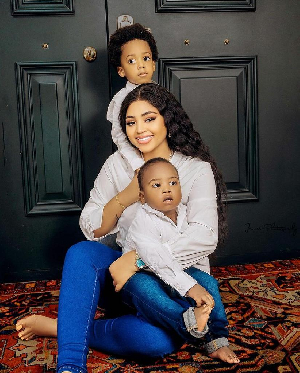 Regina Daniels with her son, Moon and baby brother