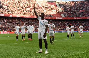 Akor Adams hits Lumumba's celebration after scoring for Sevilla