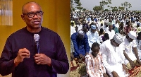 Peter Obi, 2023 presidential candidate of Labour Party, inset; Muslims praying