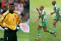 A photo collage of the late Peter Rufai and Sunday Oliseh