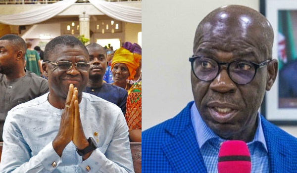 A photo collage of Philip Shaibu and Governor Godwin Obaseki