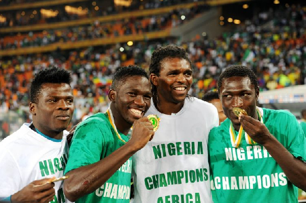 Super Eagles players celebrate as Nigeria wins Africa Cup of Nations.