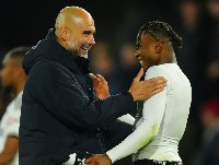 A light moment between Pep Guardiola and Samuel Chukwueze