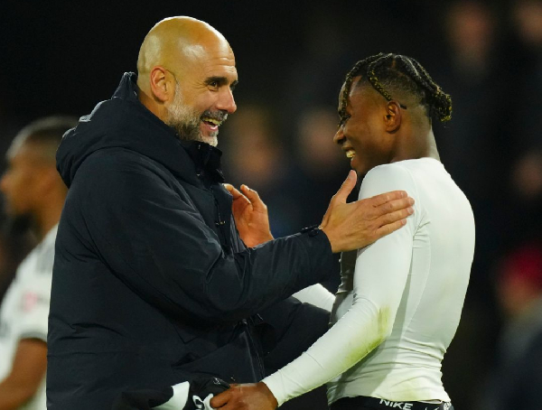 A light moment between Pep Guardiola and Samuel Chukwueze