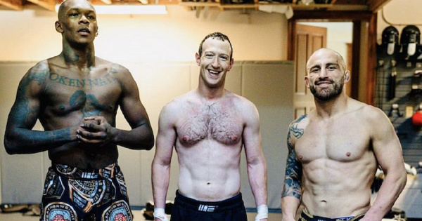 L-R: Israel Adesanya, Mark Zuckerberg, Alexander Volkanovski